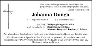 Traueranzeige Johanna Donga