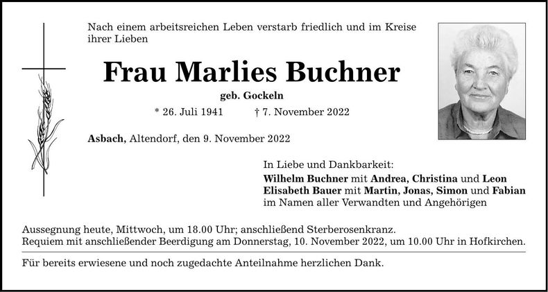 Traueranzeige Marlies Buchner