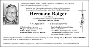 Traueranzeige Hermann Boiger
