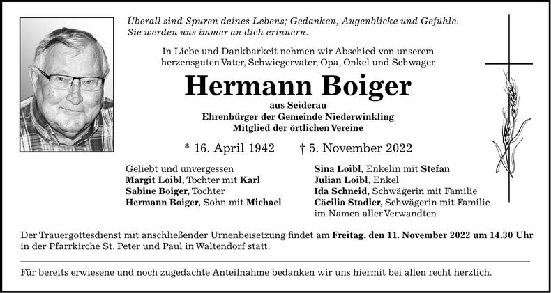 Traueranzeige Hermann Boiger