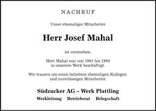 Traueranzeige Josef Mahal