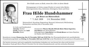 Traueranzeige Hildegunde Hundshammer