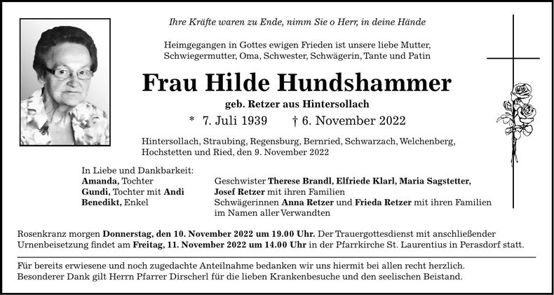 Traueranzeige Hildegunde Hundshammer