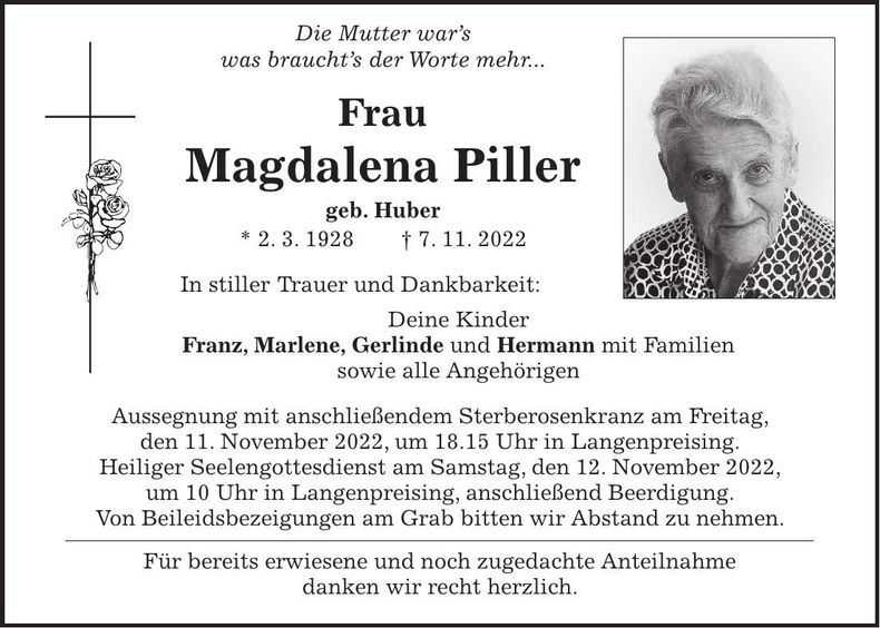 Traueranzeige Magdalena Piller