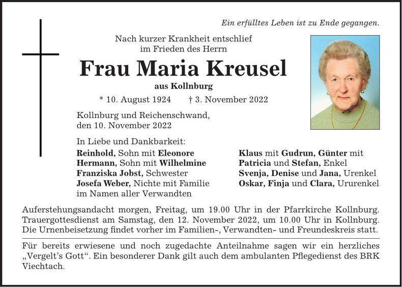 Traueranzeige Maria Kreusel