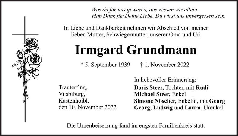 Traueranzeige Irmgard Grundmann