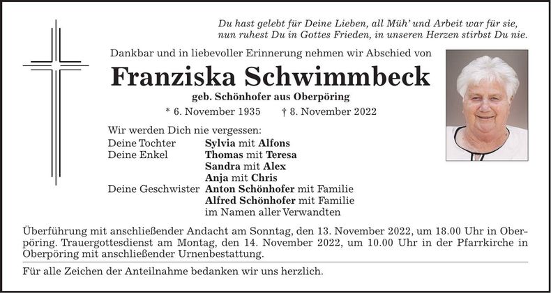 Traueranzeige Franziska Schwimmbeck