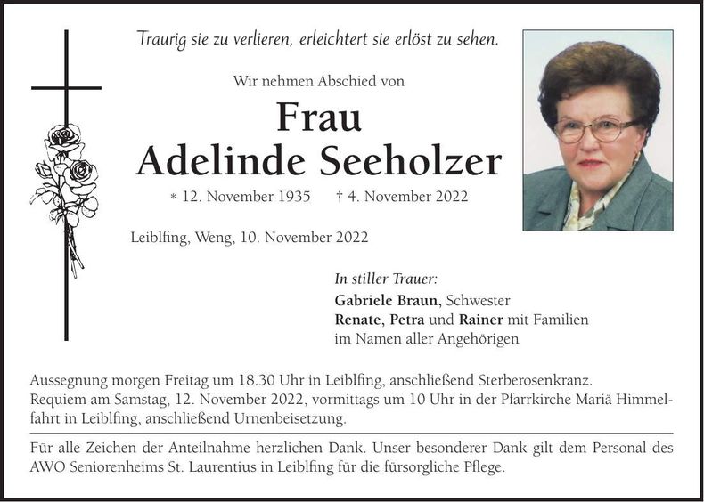 Traueranzeige Adelinde Seeholzer