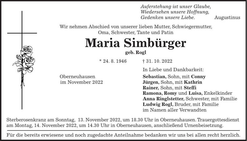 Traueranzeige Maria Simbürger