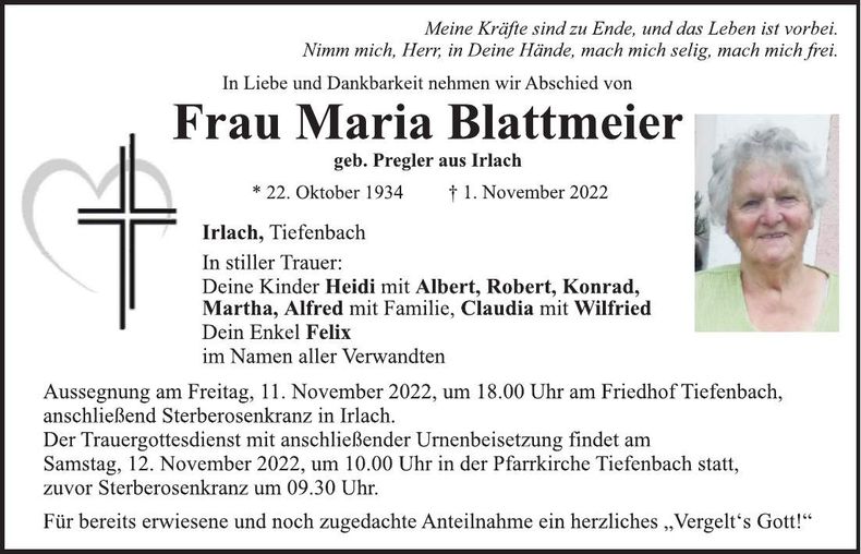Traueranzeige Maria Blattmeier