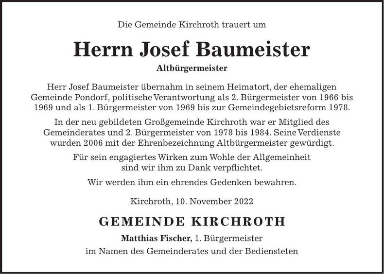 Traueranzeige Josef Baumeister