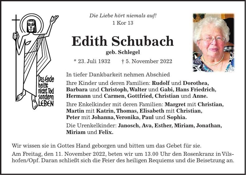 Traueranzeige Edith Schubach