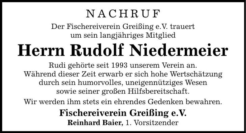 Traueranzeige Rudolf Niedermeier