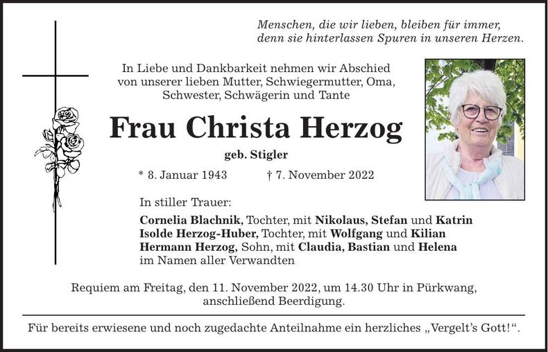 Traueranzeige Christa Herzog