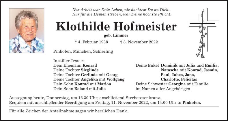 Traueranzeige Klothilde Hofmeister