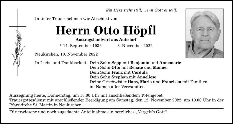 Traueranzeige Otto Höpfl