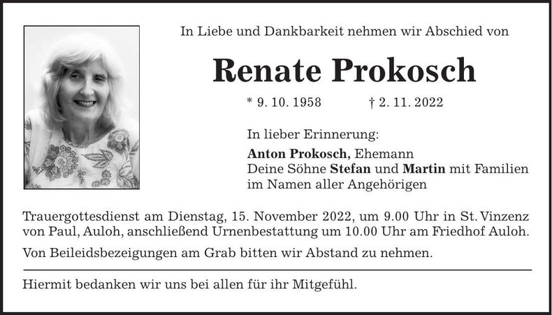 Traueranzeige Renate Prokosch