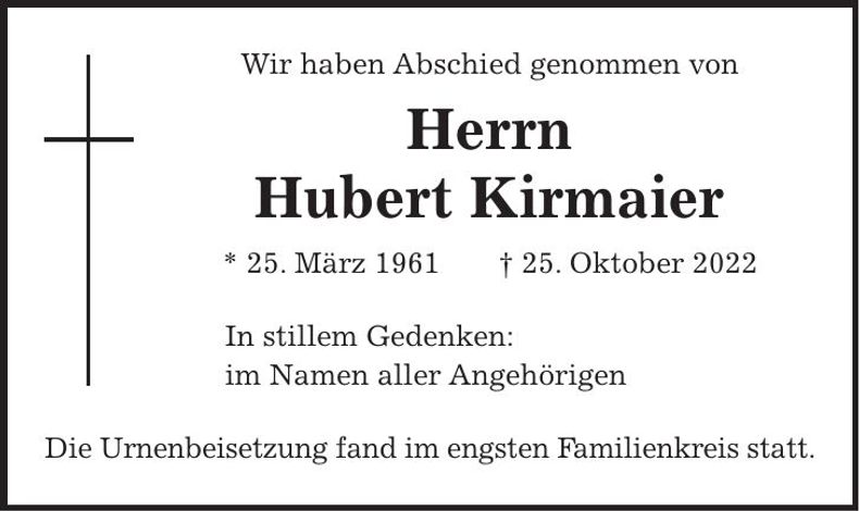 Traueranzeige Hubert Kirmaier