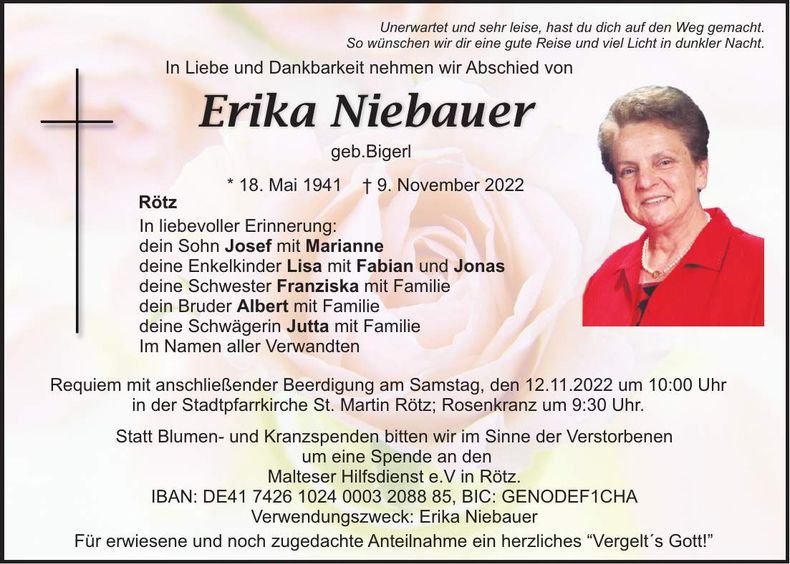 Traueranzeige Erika Niebauer