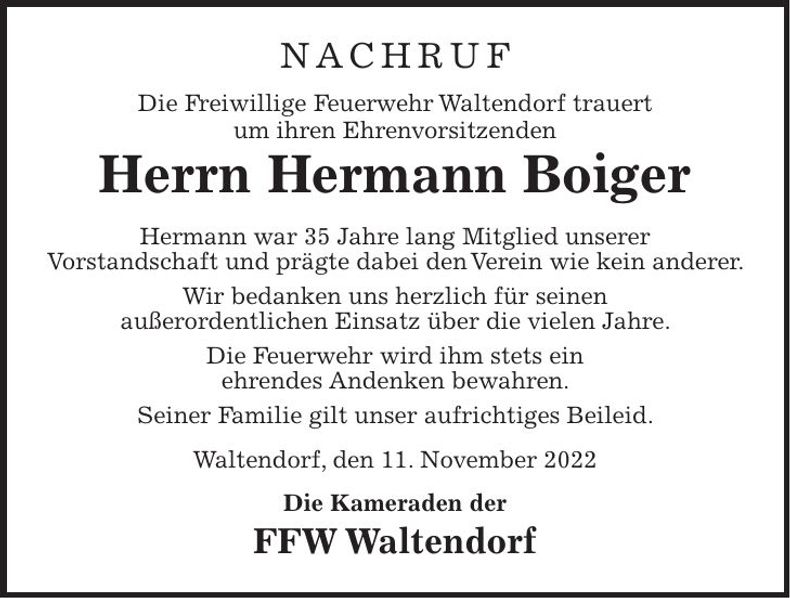 Traueranzeige Hermann Boiger
