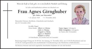 Traueranzeige Agnes Girnghuber