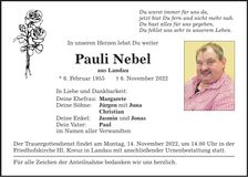 Traueranzeige Pauli Nebel