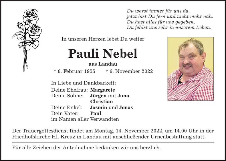 Traueranzeige Pauli Nebel