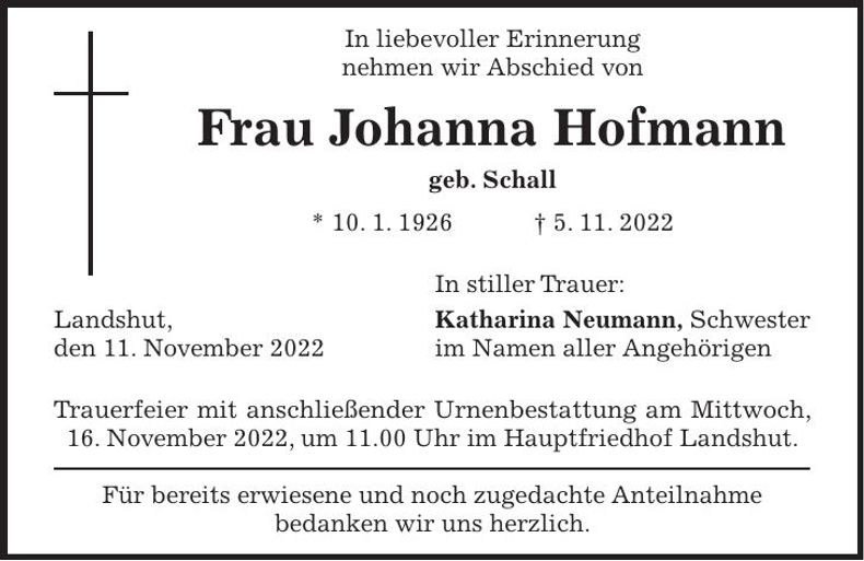 Traueranzeige Johanna Hofmann
