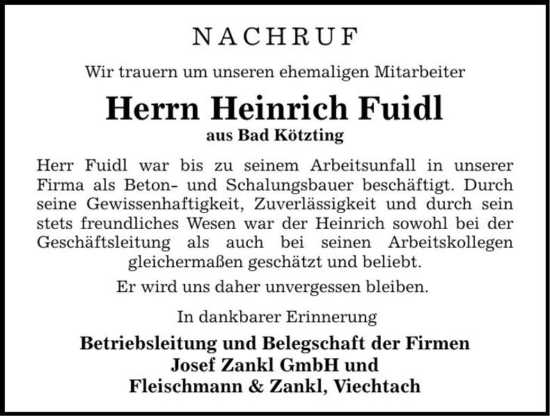 Traueranzeige Heinrich Fuidl