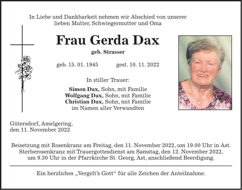 Traueranzeige Gerda Dax