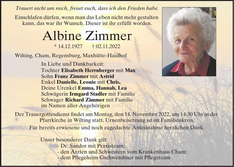 Traueranzeige Albine Zimmer