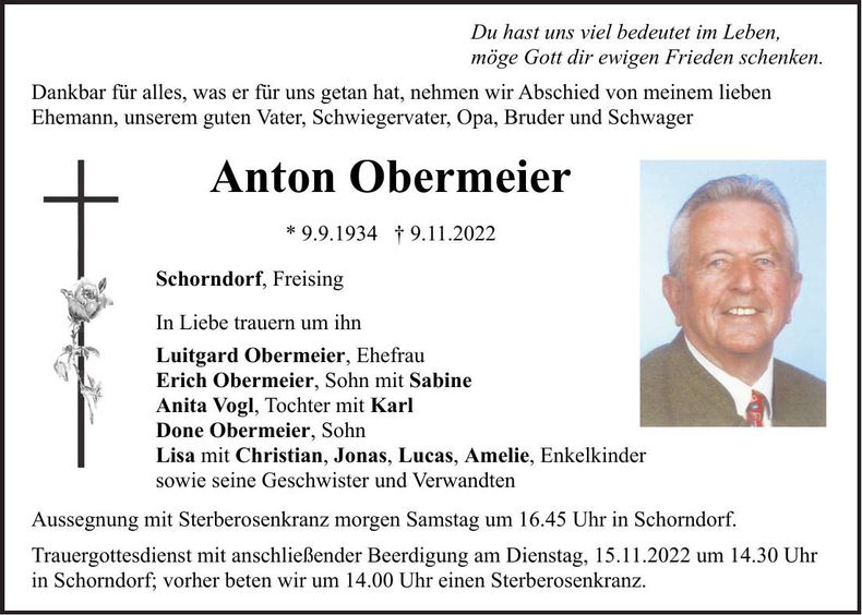 Traueranzeige Anton Obermeier
