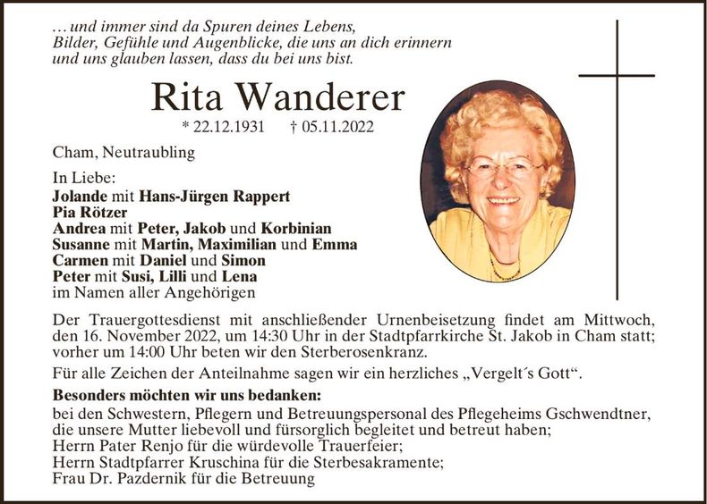 Traueranzeige Rita Wanderer