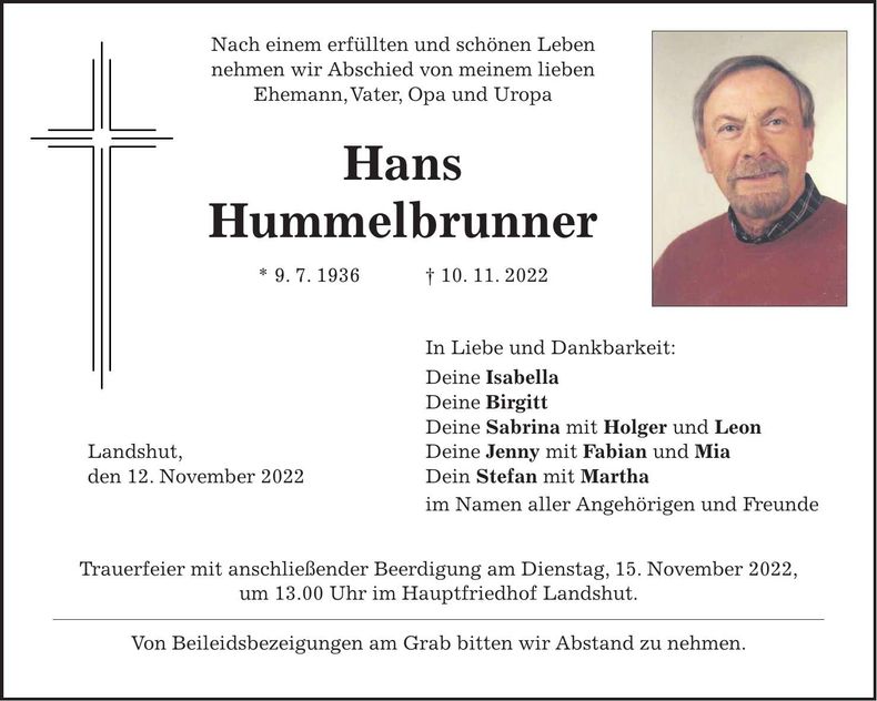 Traueranzeige Hans Hummelbrunner