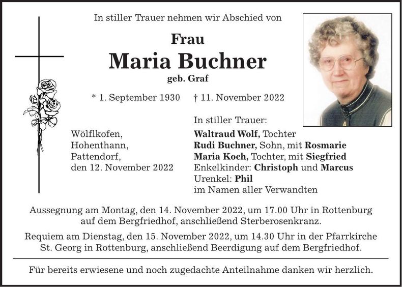 Traueranzeige Maria Buchner