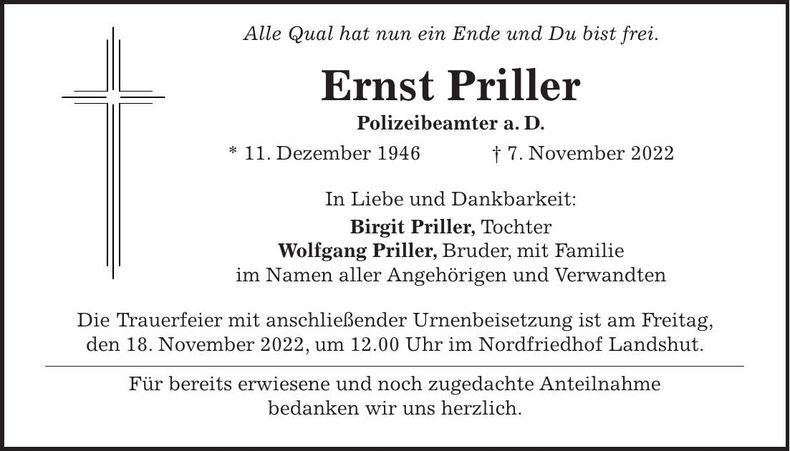 Traueranzeige Ernst Priller
