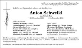 Traueranzeige Anton Schweikl