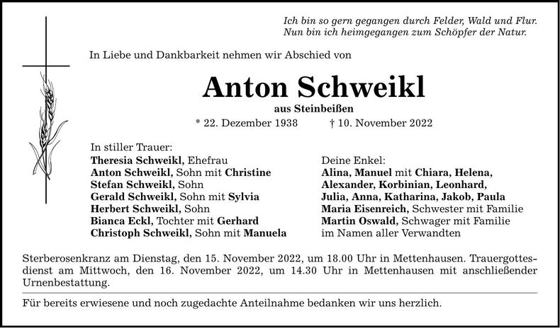 Traueranzeige Anton Schweikl