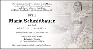 Traueranzeige Maria Schmidbauer