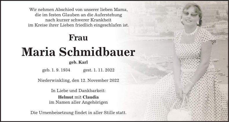 Traueranzeige Maria Schmidbauer