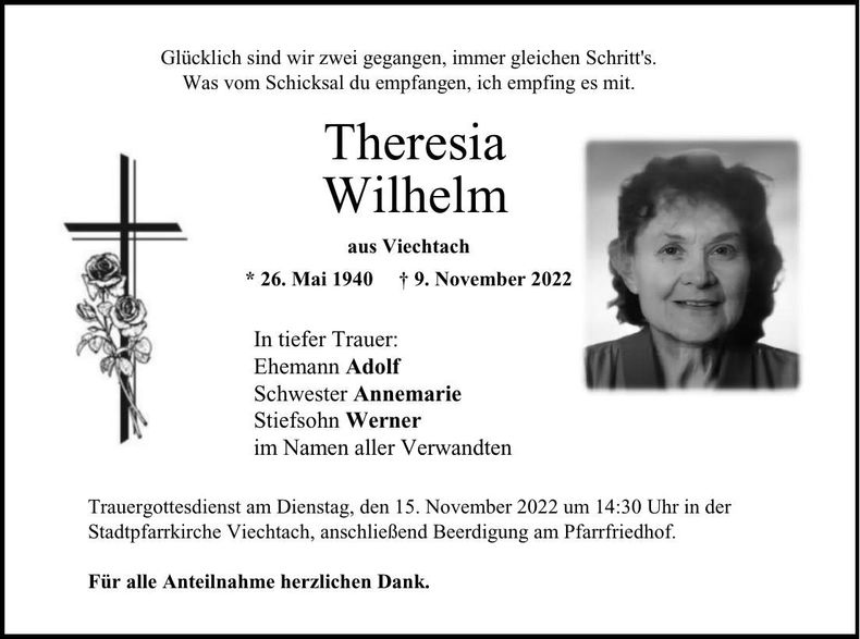 Traueranzeige Theresia Willhelm