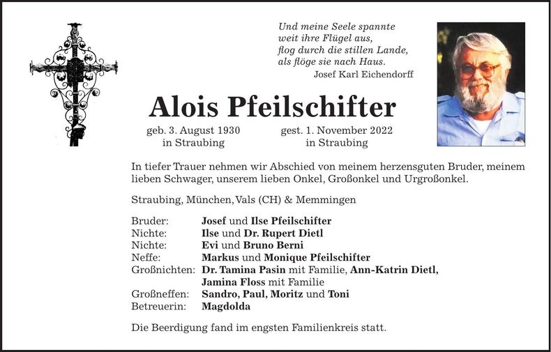 Traueranzeige Alois Pfeilschifter