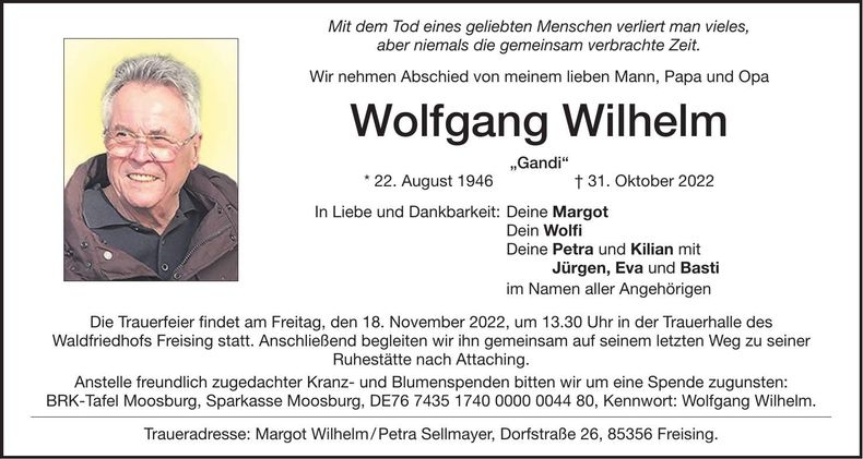 Traueranzeige Wolfgang Wilhelm