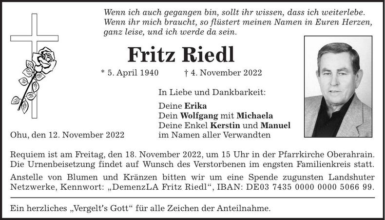 Traueranzeige Fritz Riedl