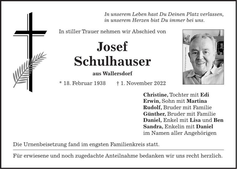 Traueranzeige Josef Schulhauser