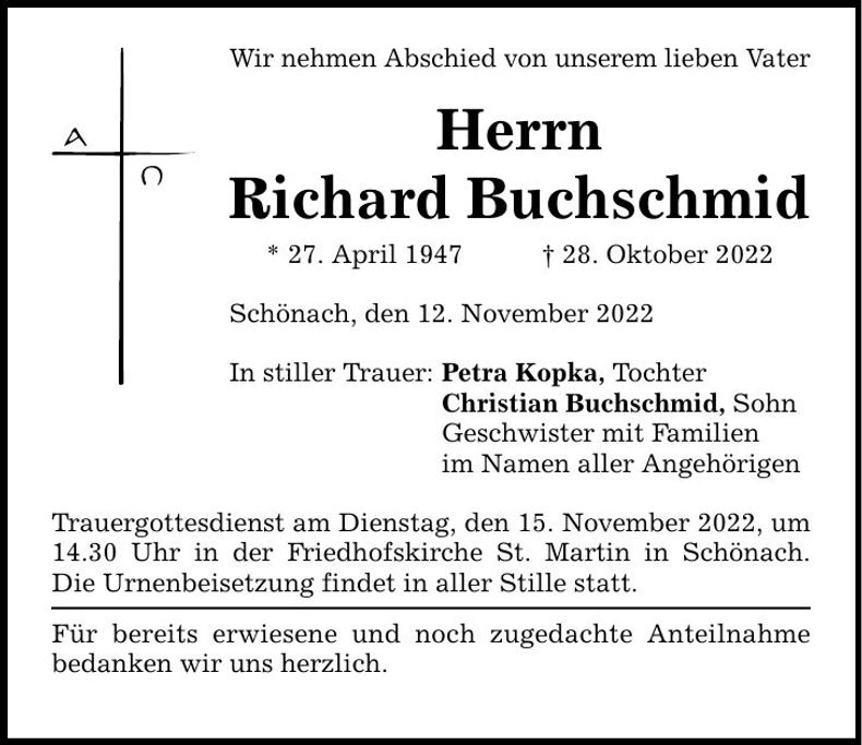 Traueranzeige Richard Buchschmid