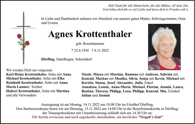Traueranzeige Agnes Krottenthaler