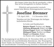 Traueranzeige Josefine Brenner