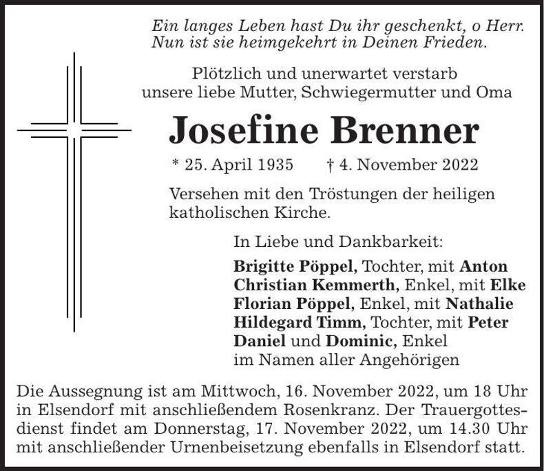 Traueranzeige Josefine Brenner