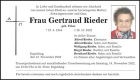 Traueranzeige Gertraud Rieder